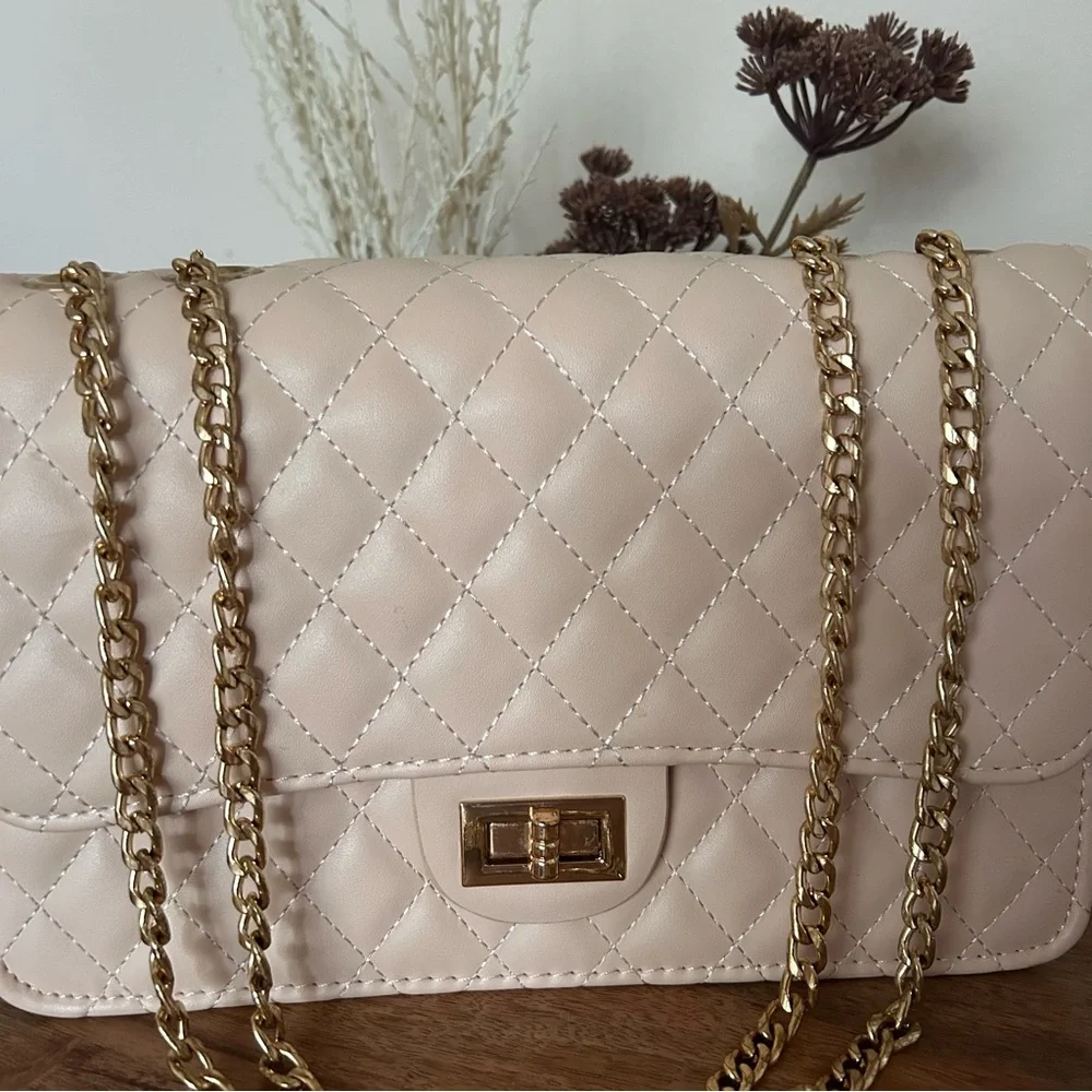 Neutral Tan Quilted Chain Shoulder Bag - Picture 2 of 4